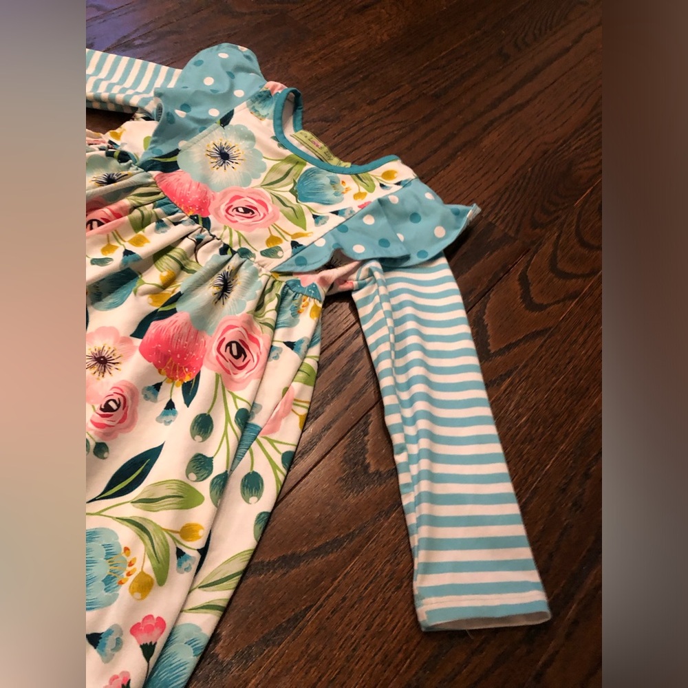 Millie Loves Lily Girls 4 Blue/Pink Floral Striped Long-Sleeved Ruffled Dress - Picture 3 of 10